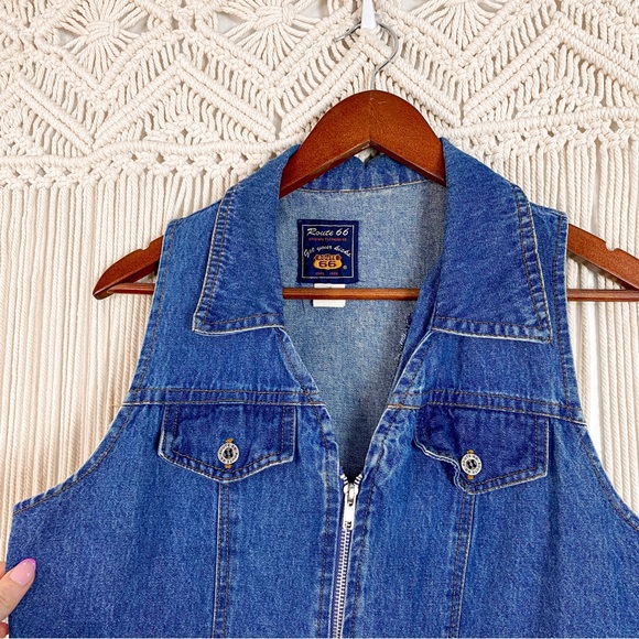 Y2K Route 66 Sleeveless Denim Collared 100% Cotton Zip Up Dress Size 8 Medium - Picture 2 of 6